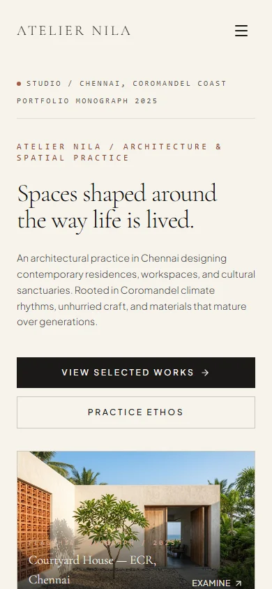 Atelier Nila mobile view showing architectural works.