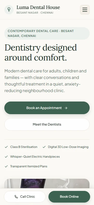 Luma Dental House mobile view showing patient scheduling.