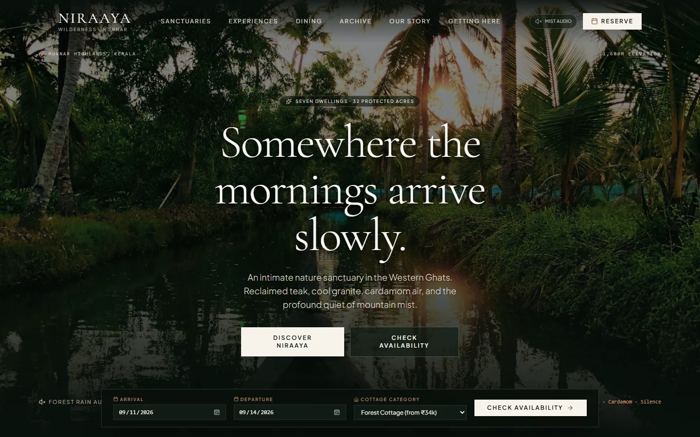 Niraaya Wilderness desktop study showcasing architectural forest pavilions.