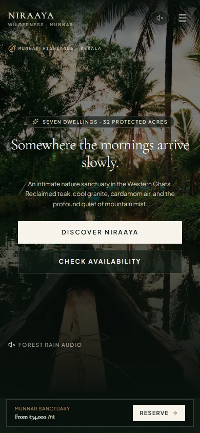 Niraaya Wilderness mobile view showing guest reservation flow.