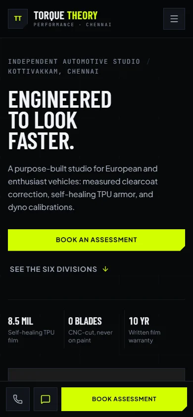 Torque Theory Performance mobile view showing performance booking.